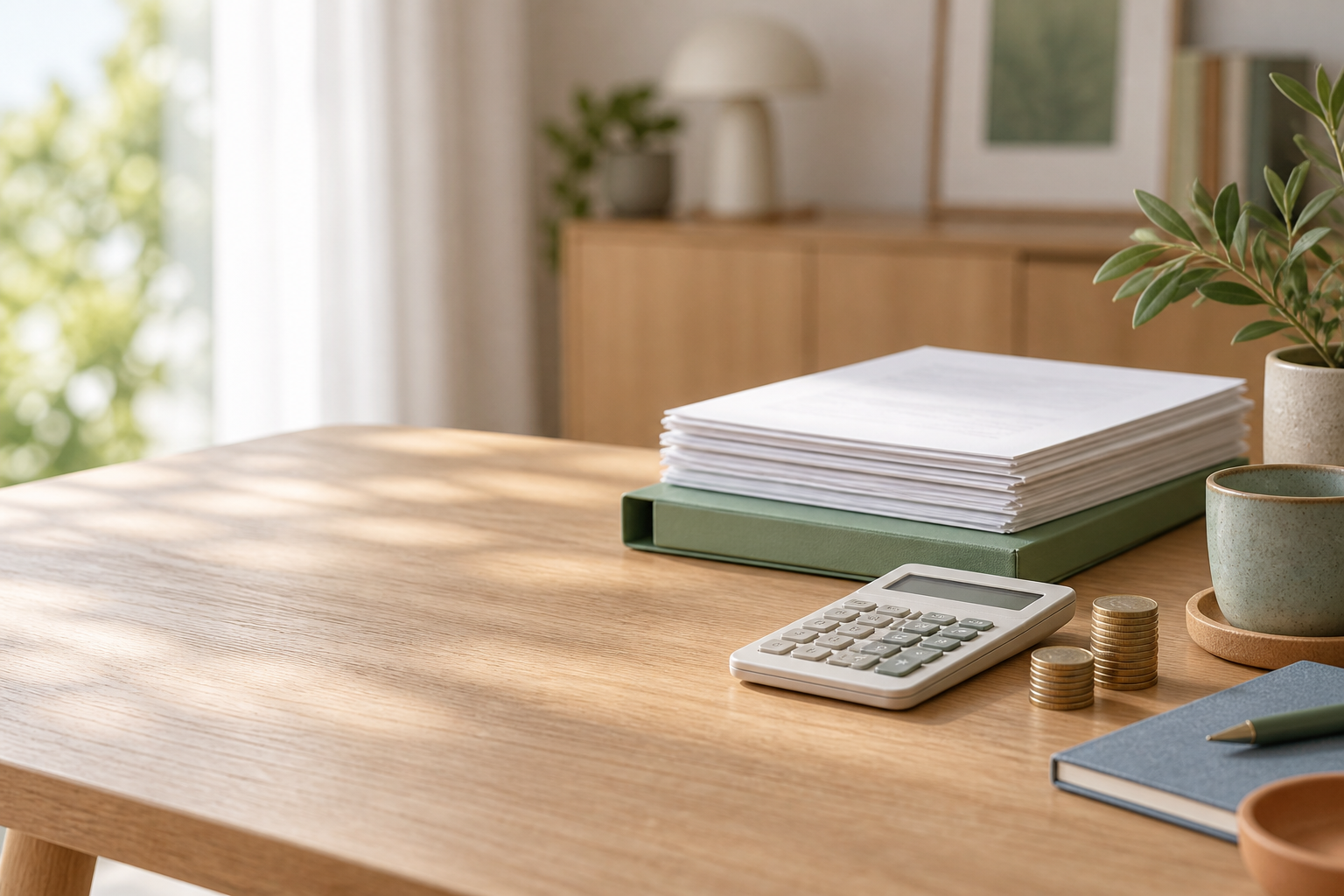 Des documents de remboursement et une calculatrice organisés sur une table