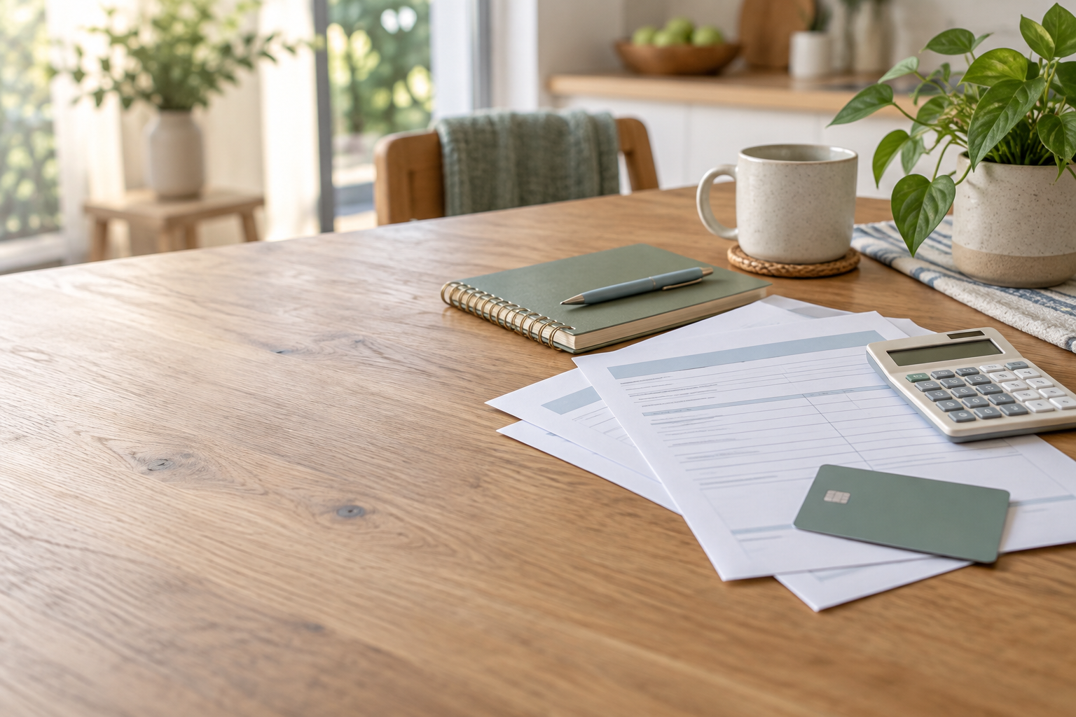 Des documents de remboursement et une calculatrice sur une table