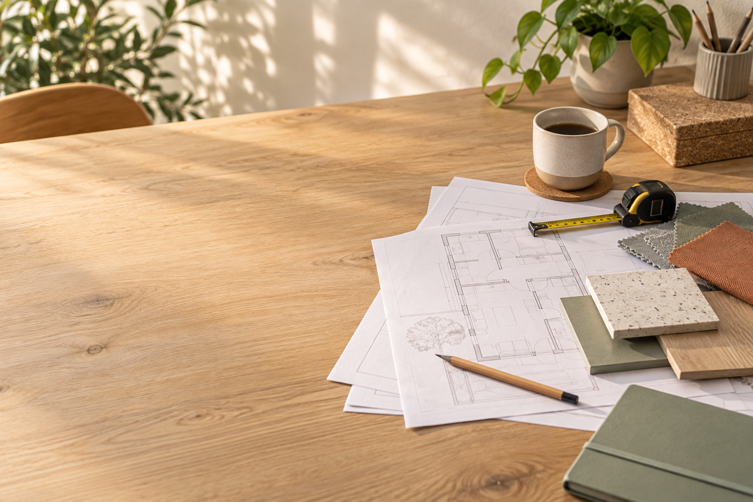 Un projet de maison préparé avec des plans et des échantillons de matériaux